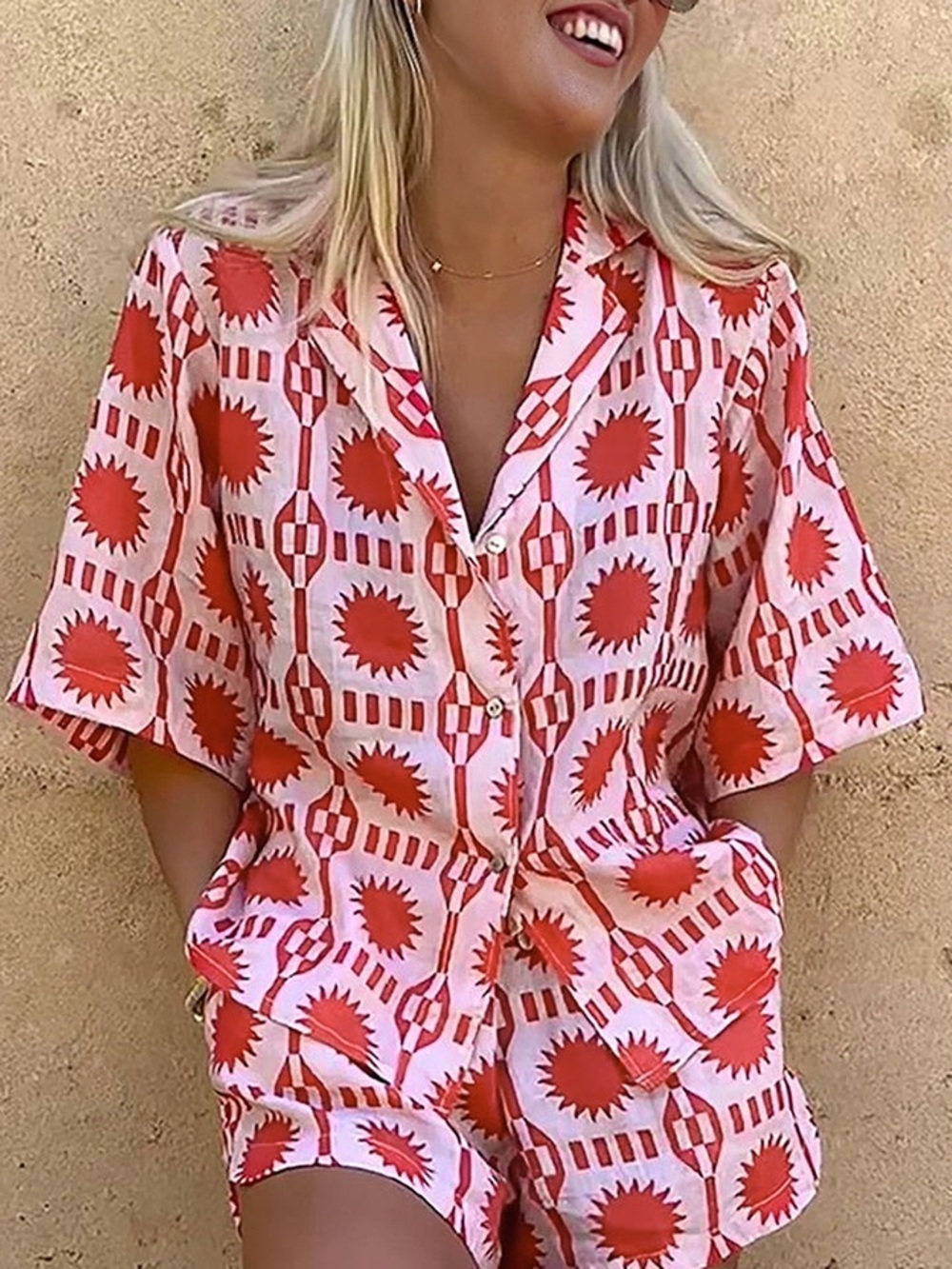 Commense Pink and Red Sun Geo Short and boxy fit button down top Set - nwt